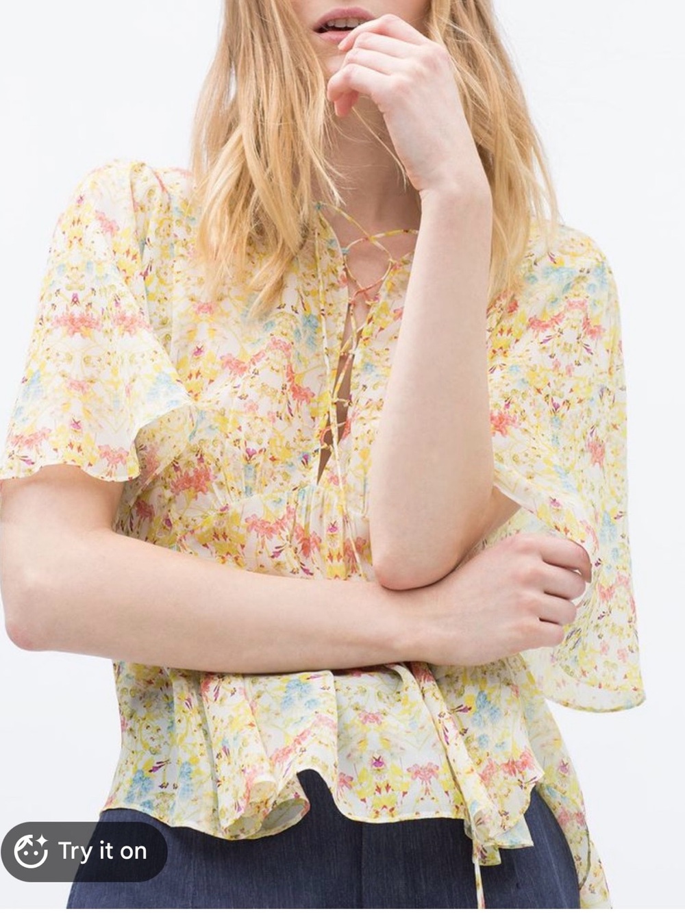 Zara Woman Yellow Floral Tie-Neck Ruffle Sleeve Blouse NWT-Sz M